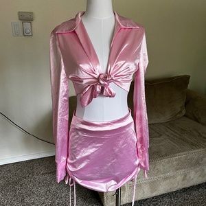 Pink Silky Tie Front Skirt Set